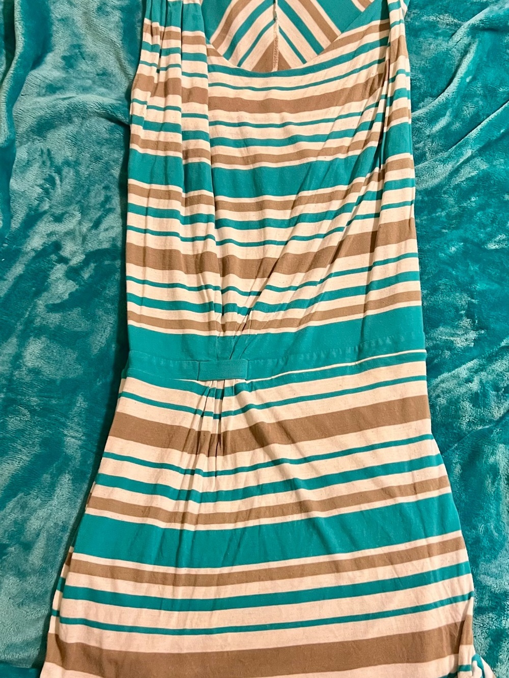 Mango Teal, Tan, and Cream Striped Maxi Dress